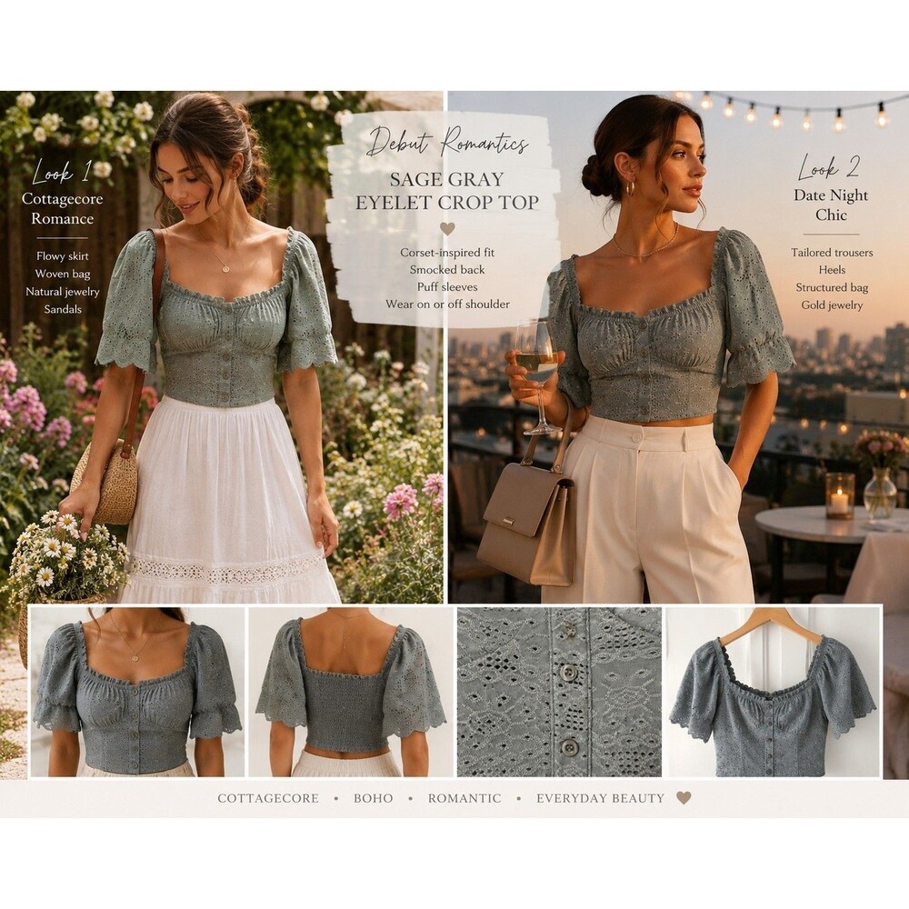 Debut Romantic Women S Sage Gray Eyelet Corset Crop Top Boho Cottagecore coquete